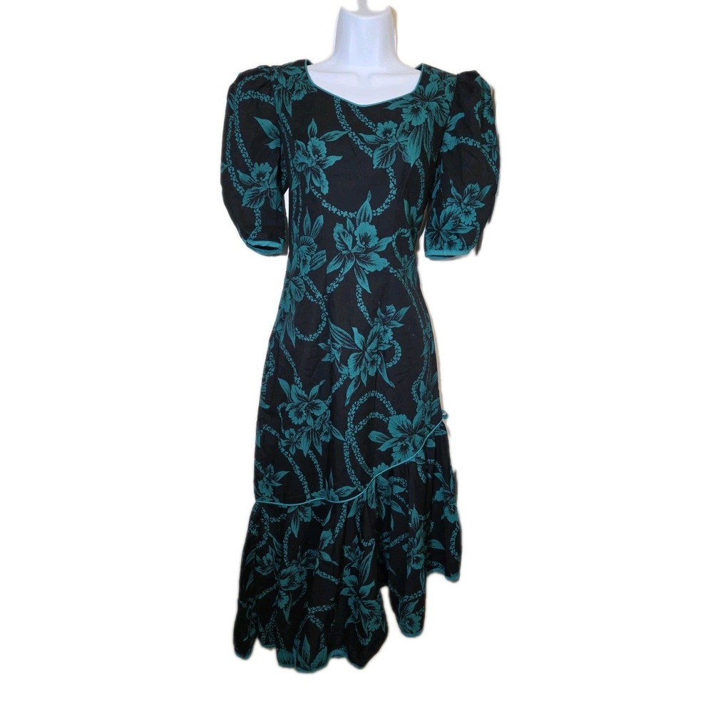 Vtg 1980s Hawaiian Dress Green Puff Sleeve Romantic Floral USA Resort Coral Reef